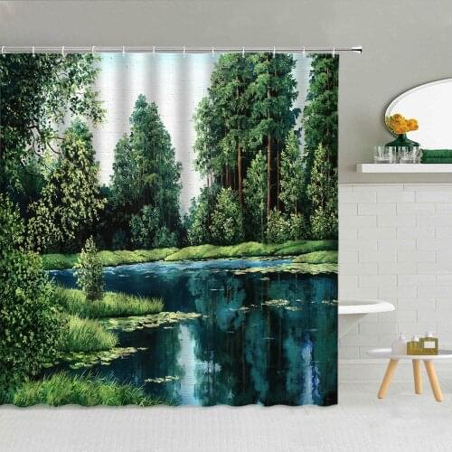 Forest Green Plants Shower Curtain Watercolor Landscape Fabric High Quality Bathroom Supplies With Hooks Decor Cloth Curtains