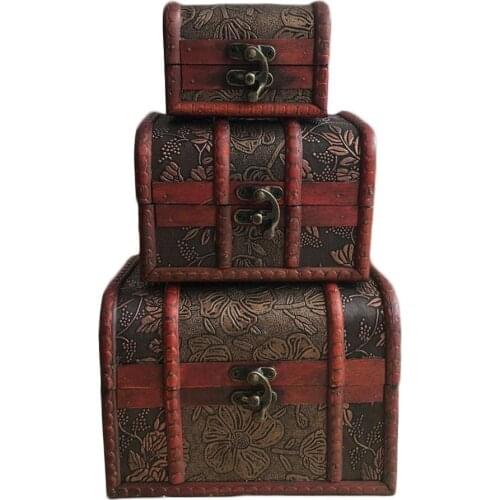 HOT SALES！！！3Pcs Wooden Treasure Chest Stash Box Jewelry Makeup Storage Organizer with Lock