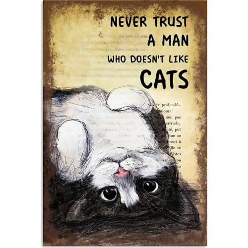Never Trust A Man Who Doesn't Like Cats Metal Sign Garage Family Cafe Bar Door Wall Decorator Metal Tin Sign20x30cm