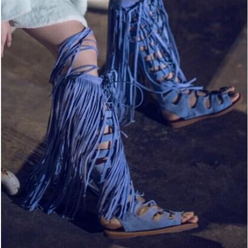 Newest Blue Suede Leather Fringe Knee High Sandals Boots High Quality Flat Tassel Gladiator Sandals Boot Summer Free Ship