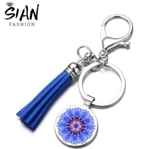 SIAN New Cornflower Leather Tassel Keychain Blue Flower Cute Pattern Glass Cabochon Charm Key Chain Purse Bag Pendant Women Gift