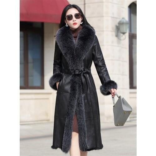 Genuine Winter Coat Womens Jacket Natural Rabbit Coats Big Fox Fur Collar Long Real Leather Jackets M92098
