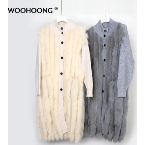 Autumn Winter New Womens Vertical Stripes Fox Fur Coat Knitted Sweater Leather Grass Coat Cardigan Slim-fit Jacket Extended