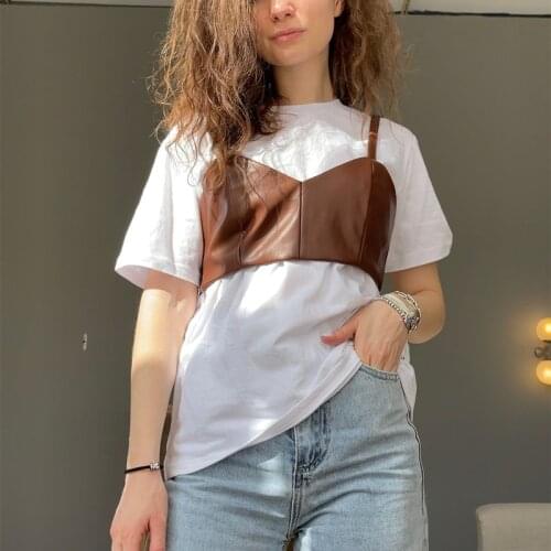 PUWD Casual Woman Leather Slim Short Spaghetti Strap Tops 2021 Spring Fashion Ladies PU Camisole Female Sexy Basic Cropped Top