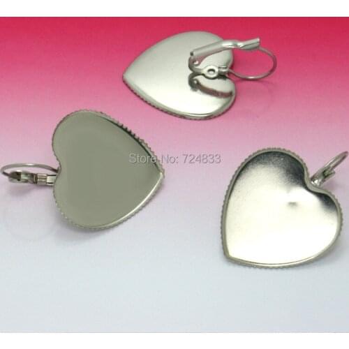 Blank Stainless Steel Clip Hook Earrings Bases with 25mm Heart Bezel tray Cabochon Wire Ear Clip Earrings Settings Findings