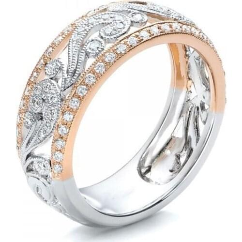 Luxury Engagement Commitment Ring Womens Fashion Jewelry Zircon Two-color Silver Plated Flower Wedding Ring Wholesale
