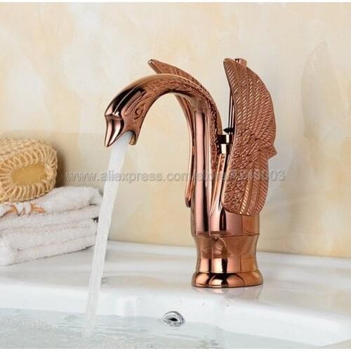 Rose Gold Design Swan Bathroom Vanity Vessel Sinks Mixer Bathroom Basin Sink Faucet Tap Cold And Hot Water Tap Kgf050