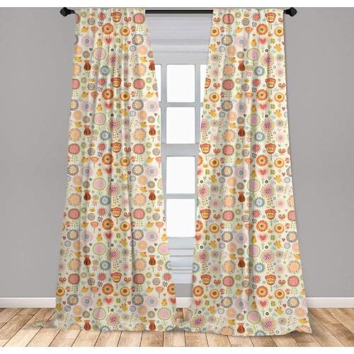 Retro Curtain for Kids Room Retro Ornate Flowers in Drawing Style Little Hearts Singing Birds Garden Lightweight Window Drapes