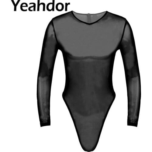 Sexy Men See-Through Mesh Bodysuit Nightwear Long Sleeve High-Cut Thongs Back Zipper Leotard Slim Fit Transparent Jumpsuit