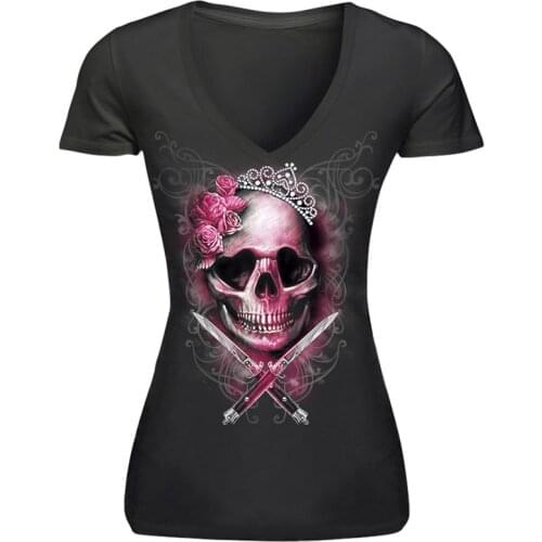SOSHIRL Skull Princess Womens Summer T Shirt Punk Black Sexy V-neck T-shirts Female Rose Skull Sexy Red Lips Print Tops Tees