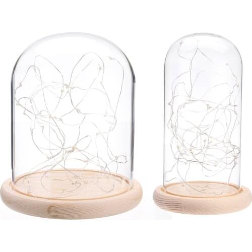 Glass Dome Bell Jar Cloche Display Wooden Base 20 LED Fairy String Light Home Decor Bedroom Desk Night Light for Christmas Gift