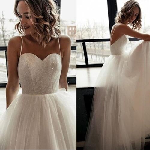 Wedding Dress 2021 Short A-Line Shiny Top Beaded Spaghetti Strap Tulle Sleeveless Sweetheart Simple Beach Gorgeous Bridal Gowns