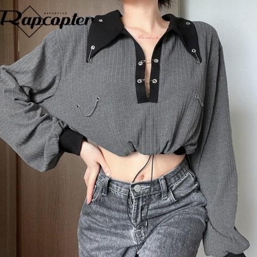 Rapcopter Chain Punk Sweatshirts Gray Turn Down Collar Pullovers y2k Long Sleeve Patched Sporty Top Autumn Winter Harajuku Women