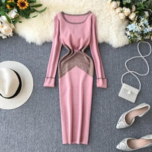 Amolapha Women Hit Color Shinning Pachwrok Slim Knit Dresses Ladies Long Sleeve Knitted Dress Vestidos