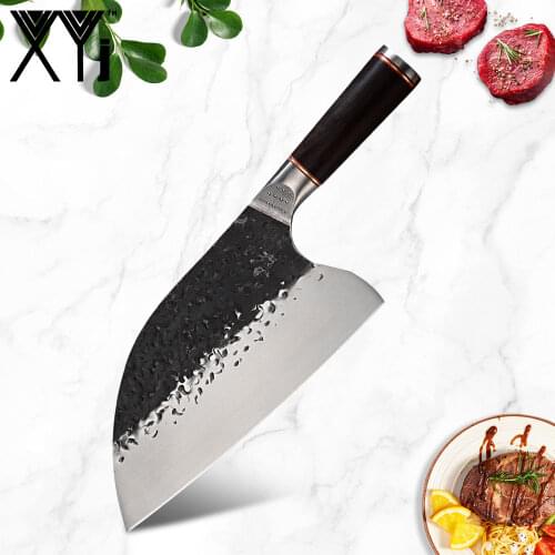 XYj 7.5 Inch Cleaver Semicircle Wide Blade Butcher Knife Handmade Forged Camping Hunting Kitchen Knife Outdoor Veggie Meat Tools
