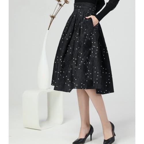 Fashion Polka Dots Skirt Women Pleated High Waist A-Line Plus Size Midi Skirts With Pockets Elegant Office Casual Autumn Winter Skirt