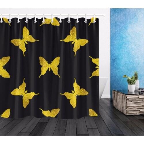 Gold Butterfly Polyester Shower Curtain Black Bathroom Eco-Friendly Waterproof Washable Fabric Bath Curtains Home Decor 12*hooks