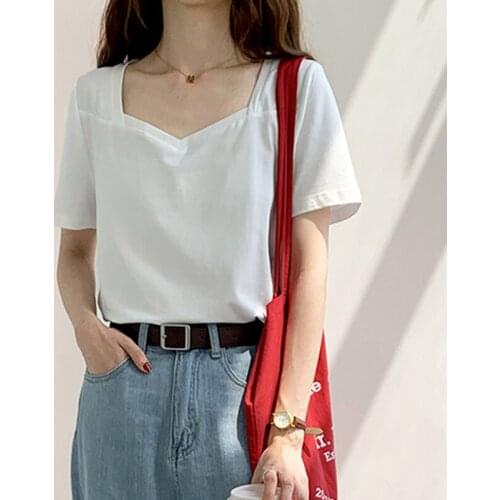 Summer Short Sleeve T-shirts Women 2021 Korean Loose Low-cut V-neck Tops Tee Shirts Femme Cotton Casual Solid Top