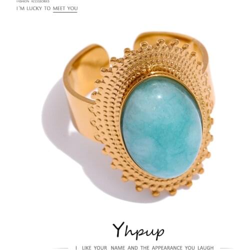 Yhpup 2021 Stainless Steel Stone Rings Charm Metal Statement Jewelry Gold Color Geometric Opening Women Ring Bagues Pour Femme
