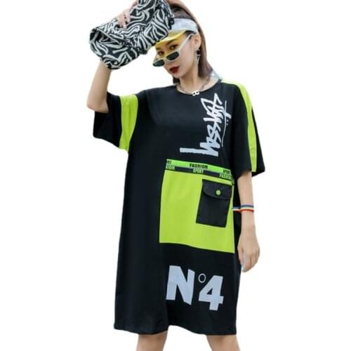 QING MO Orange Yellow Women Casual Dress 2021 Summer Women Patchwork Color Dress Female Letter Printed Dress ZQY7236