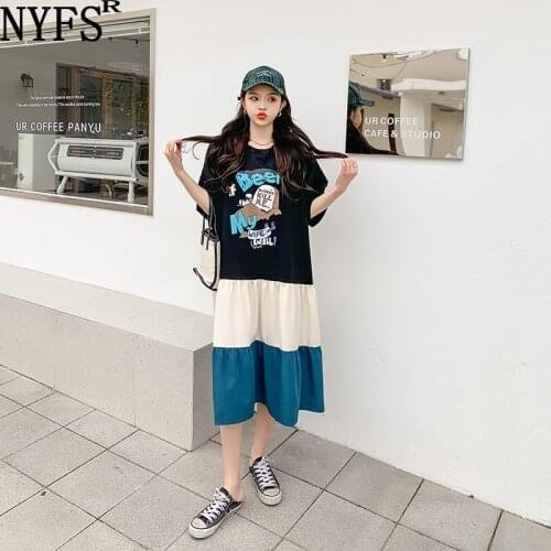 NYFS 2021 Korean New Fashion Loose Patchwork Woman Dress Vestidos Robe Elbise Big Hem Summer Dress