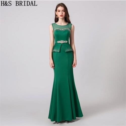 H&S BRIDAL Mermaid Evening Dress Beading Green Evening Gown 2019 O-neck evening dresses for women Back Lace up Prom Dresses