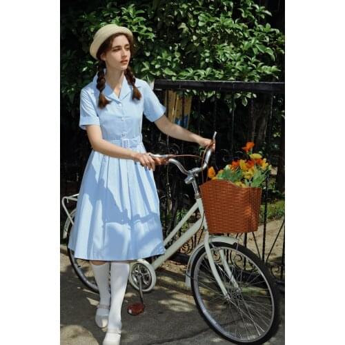 Movie Bilitis Theme Pinky Blue Vintage Womens Short Sleeve Preppy Style Dress Cute Girl Summer Dress Cosplay