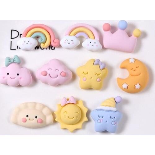 Julie Wang 10PCS Resin Cartoon Charms No Hole Mixed Sun Moon Star Rainbow Cloud Crown Jewelry Making Accessory Decoration