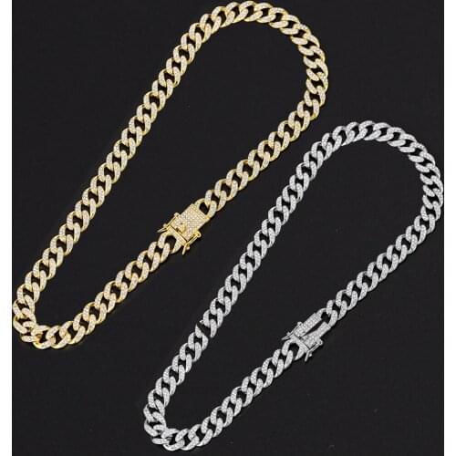 12mm Iced Out Bling Full CZ Rhinestone Crystal Miami Cuban Link Chain For Men Gold Heavy Hip hop Necklace Punk Jewelry Necklaces
