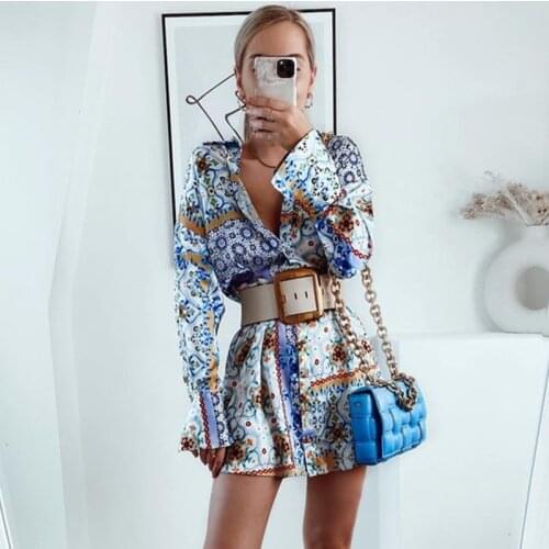 Ardm Elegant V Neck Floral Print Long Sleeves Patchwork Dresses For Women 2021 Vintage Color Contrast Mini Dress Shirt Vestidos