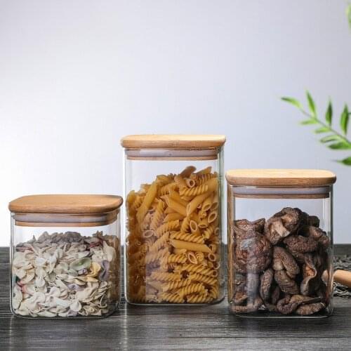 Square Wood Lid Transparent Glass Airtight Canister Kitchen Storage Bottles Jars Food Grains Tea Coffee Grains Candy Containers