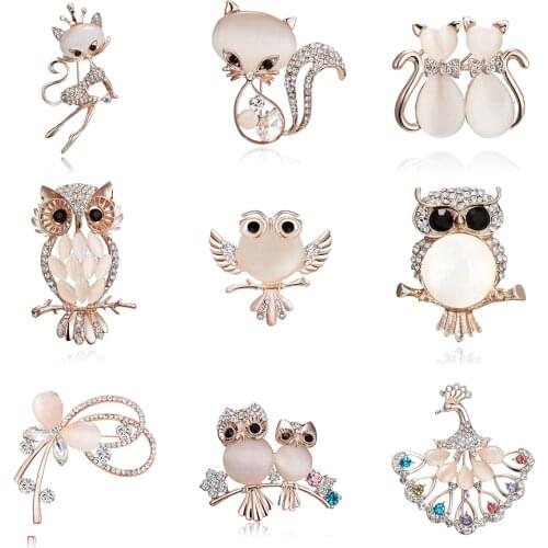 Rinhoo Elegant Crystal Rhinestone Butterfly Peacock Cat Owl Opal Stone Animal Brooches Pin for Women Suit Brooch Clothing Buckle