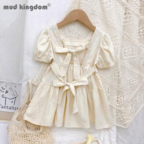 Mudkingdom Girls Princess Dresses Solid Bow Back Hollow Lace Puff Sleeve Square Collar Dresses for Kids Summer Casual Clothes