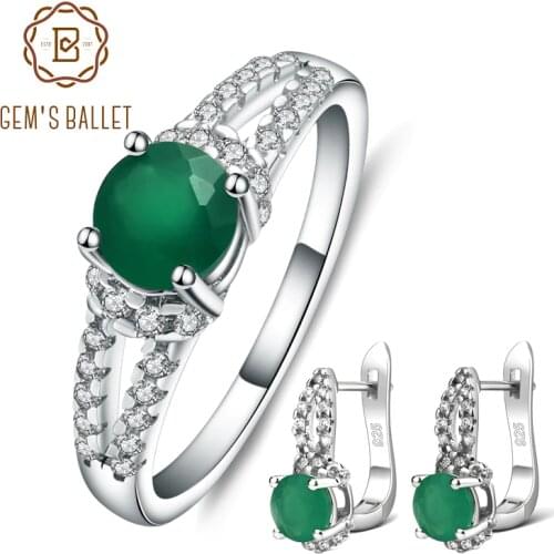 GEMS BALLET 0.81Ct Green Agate Rings Clip Earrings Set For Women Gift Pure 925 Sterling Silver Natural Gemstone Fine Jewelry