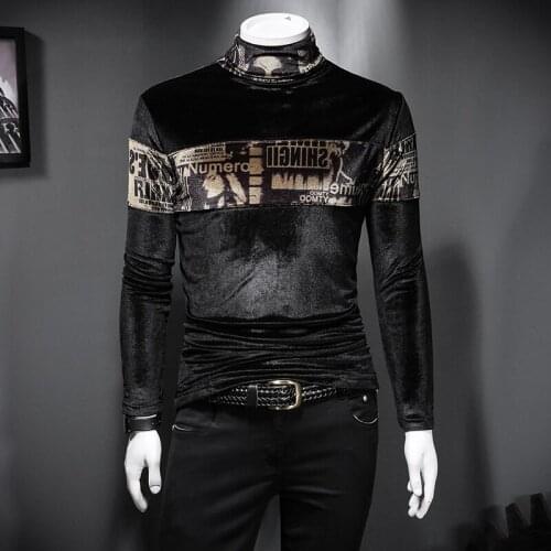 Korean Velvet Thickened Turtleneck Base Tshirt Club Outfits Letter Tee Men Clothing Splicing Paisley Print Velvet T Shirt Men
