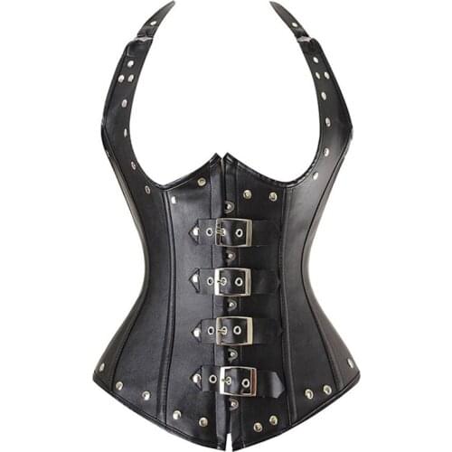 Slimming Waist Corsets Sexy Gothic Women Faux Leather Corselet Black Red Steel Boned Halter Open Bust Steampunk Corset Underbust