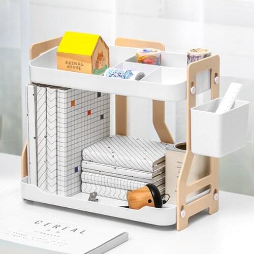 Multifunction Double Layers Stationery Organizer ABS Bookshelf With Pen Holder Desk Storage Rack Box Home Office Supplies