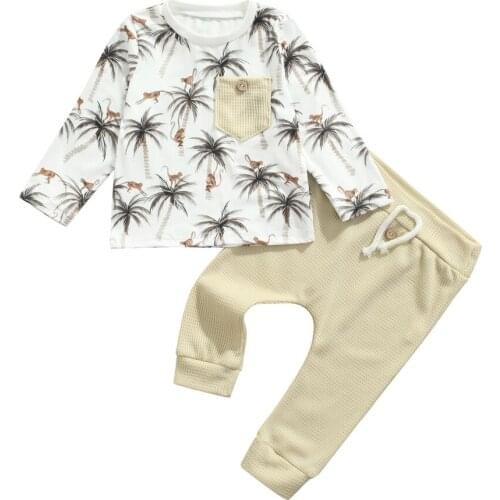 2021 1-6Y Casual Kids Baby Boy Girl Clothing Set Coconut Tree Printing Button Pocket Long Sleeve T-shirt+Solid Pants Fall 2pcs