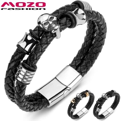 Mens Bracelet Braided Genuine Leather Skull Punk Hip Hop Bangle Skeleton Collocation Jewelry