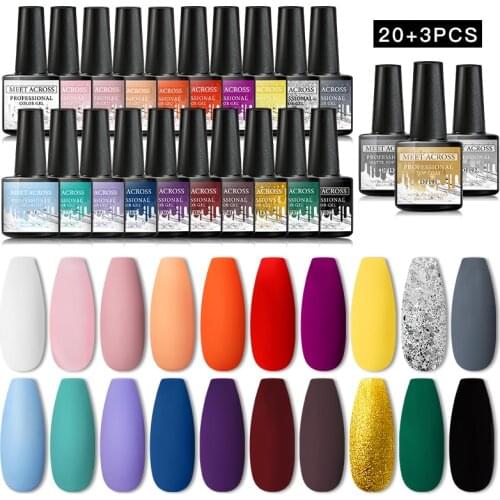 MEET ACROSS 6/23/24pcs Gel Nail Polish Set For Manicure Soak Off UV Lamp Hybrid Varnishes Set Base Top Coat Nail Gel Polish