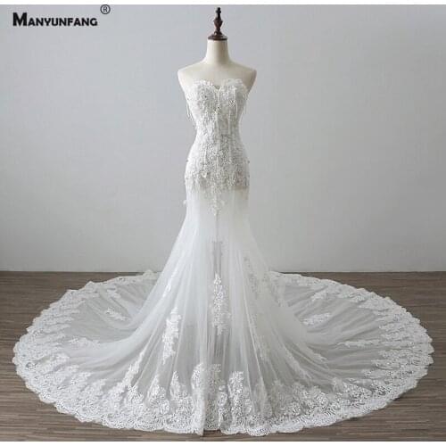Real Photo Embroidery Appliques Tulle Cathedral Train Mermaid Wedding Dress Custom Made Strapless Lace Up Back Bridal Gown