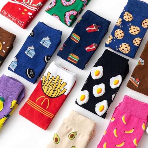 Women Socks Funny Cute Cartoon Fruits Banana Avocado Lemon Egg Cookie Donuts Food Happy colorful novelty skateboard Socks