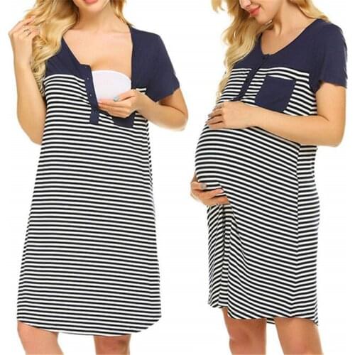 Maternity Clothes Nursing Pajamas Nightgown Short Sleeve Breastfeeding Dress 2020 New Striped Pregnant Women Nightwear Sleepwear