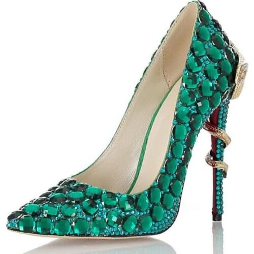 Green Diamonds Metal Snake Heels Wedding Shoes Bling Crystal Rhinestone High Heel Bride Pumps 105mm Heel Shoes