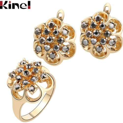 Kinel Gray Crystal Wedding Jewelry Sets Color Gold Rings And Earrings For Women Fashion Flower Christmas Gifts