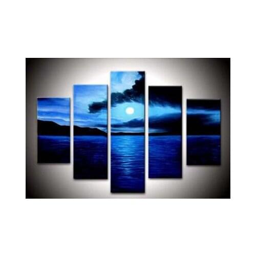 Dark Blue Ocean White Sun-Home Decor Hand Painted Landscape Oil Painting on Canvas-5pcs Canvas Art set