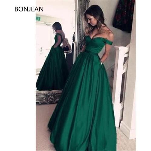 Dark Green Satin V-neck Prom Dresses Long Off Shoulder Evening Gowns Beaded Sashes Formal Dresses Sweetheart Pockets 2019