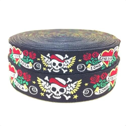 Zerzeemooy wholesale 5/8" 7/8"Polyester Skull Tattoo Black Tone Woven Jacquard Ribbon For Dog Collar