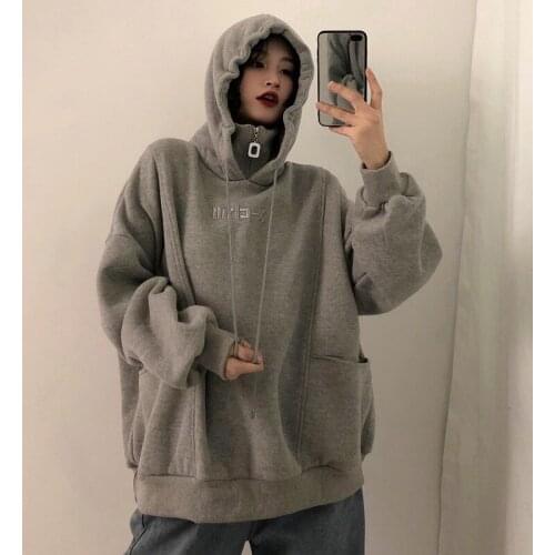 Korean Hoodies Women Plus Velvet Thicker Long Sleeve Oversize Letter Embroidered Womens Hoodie Harajuku Hooded Style Trendy Chic