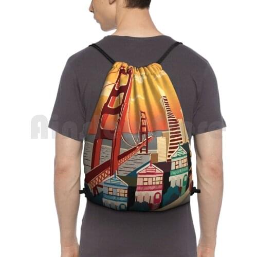 San Francisco Backpack Drawstring Bags Gym Bag Waterproof San Francisco Golden Gate Bridge Painted Ladies Streetcar Retro